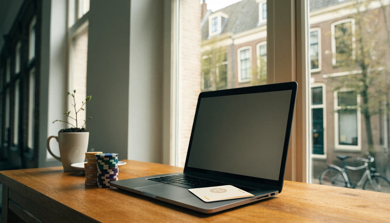 Modern Nederlands interieur met laptop, betaalkaart en casinofiches op een bureau.