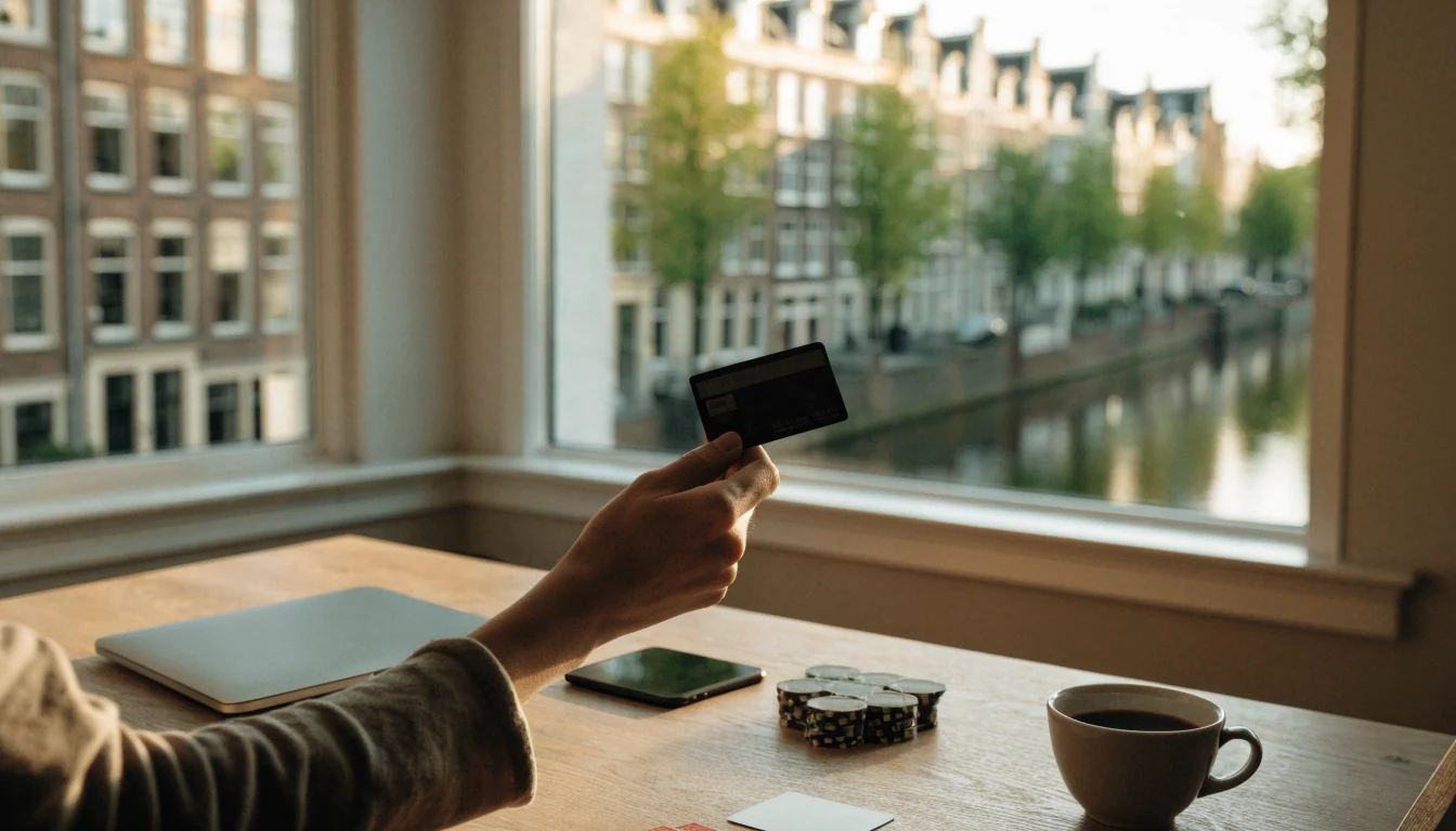 Nederlands interieur met gesloten laptop, telefoon en casinofiches op een houten bureau