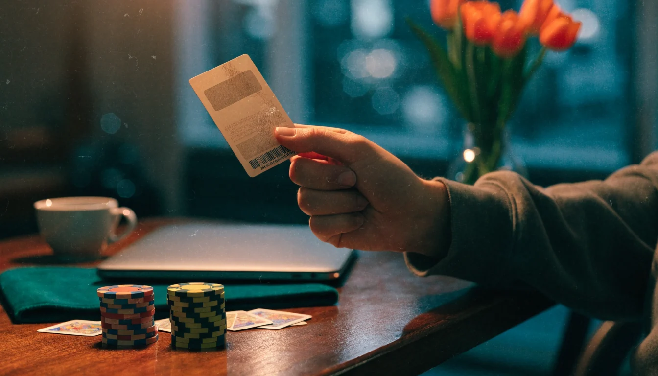 Hand met een prepaid voucher naast casinofiches en gesloten laptop