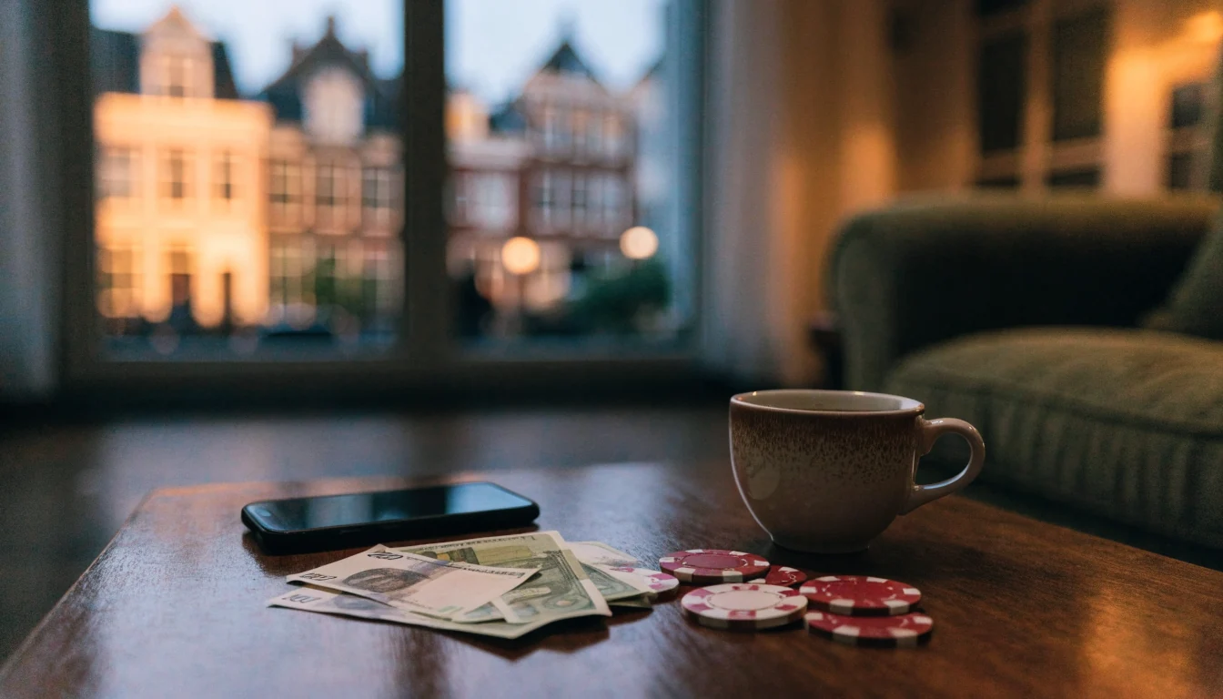 Smartphone op tafel naast casinofiches en eurobiljetten in een Nederlands interieur