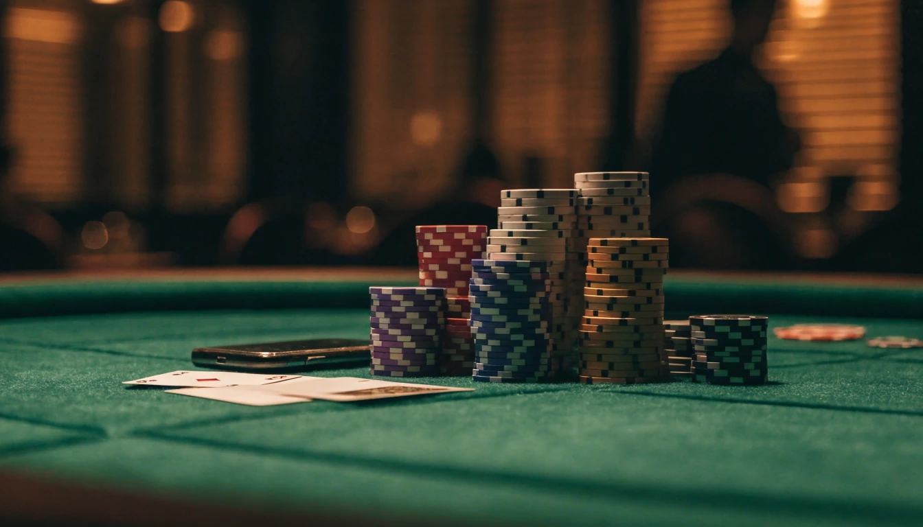 Casinotafel met gestapelde fiches, speelkaarten en een moderne smartphone