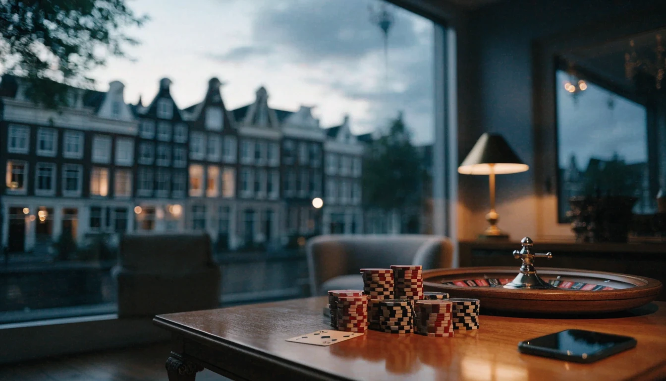 Sfeervolle Nederlandse woonkamer met casinofiches, roulettewiel en grachtenpanden door het raam.