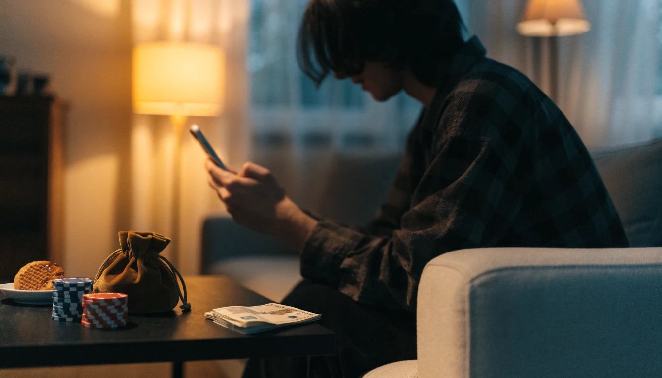 Persoon op een bank met een smartphone, chipstapel en eurobankbiljetten op tafel.