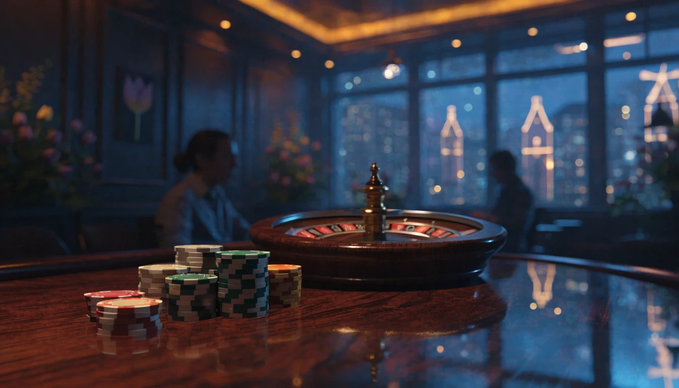 Sfeerimpressie van een online casino met fiches en roulettewiel