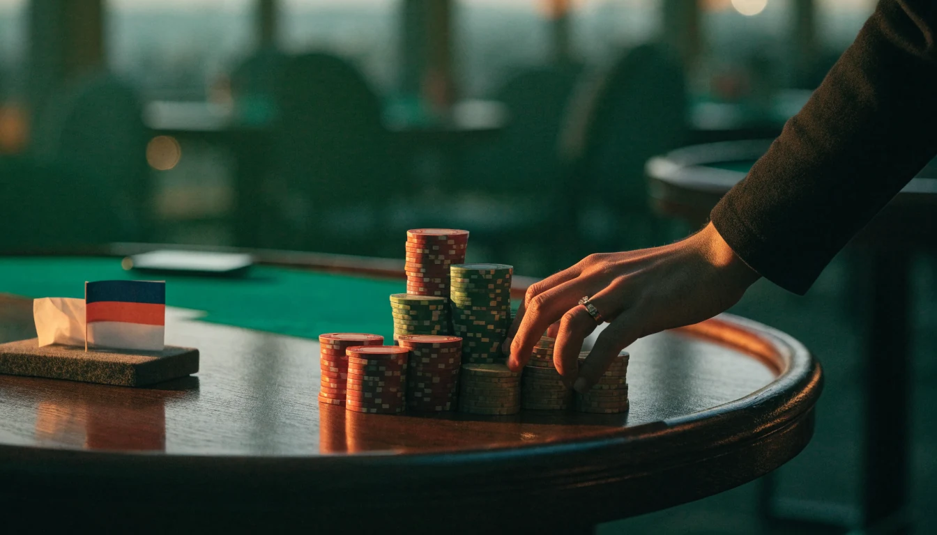 Elegant casino tafel met pokerfiches en verborgen smartphone in Nederlandse sfeer