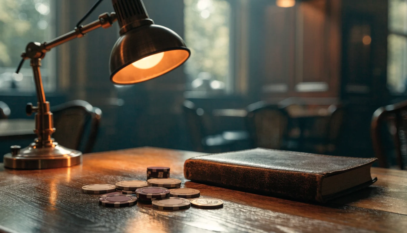 Casinochips, oud notitieboek en warme lamp op een houten tafel