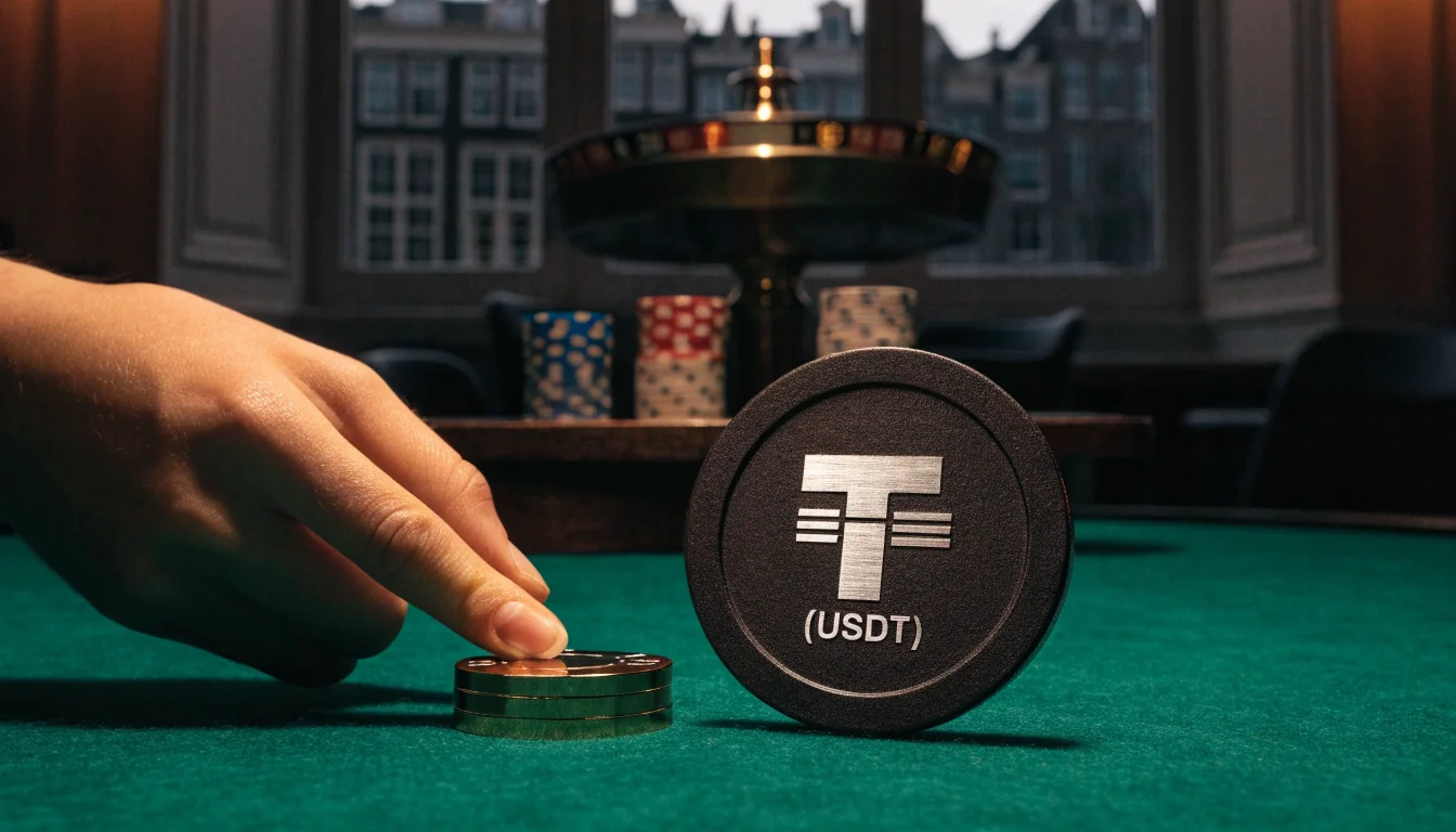 Casinochip en Tether-munt op een groene speeltafel in een Amsterdamse casino-achtige setting.