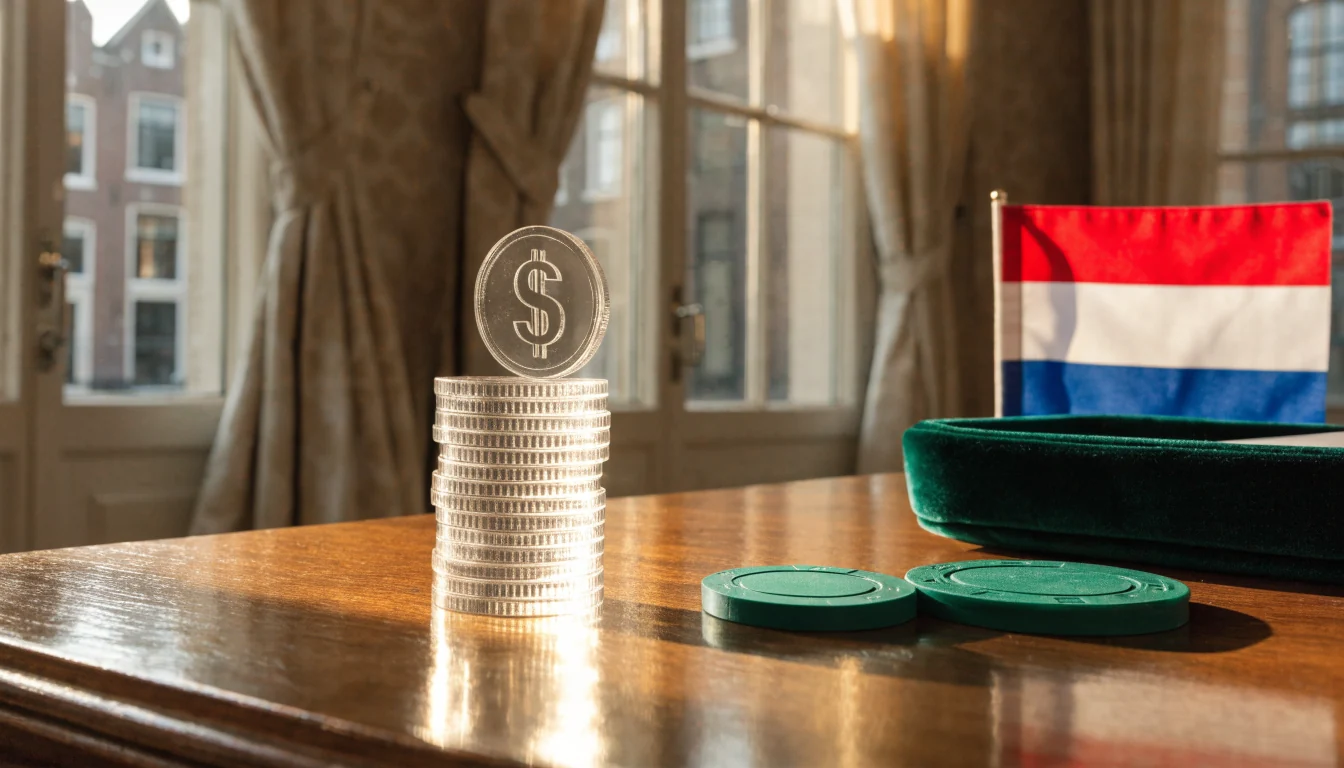 Stapel USDC-munten met pokerfiches in een Amsterdams interieur