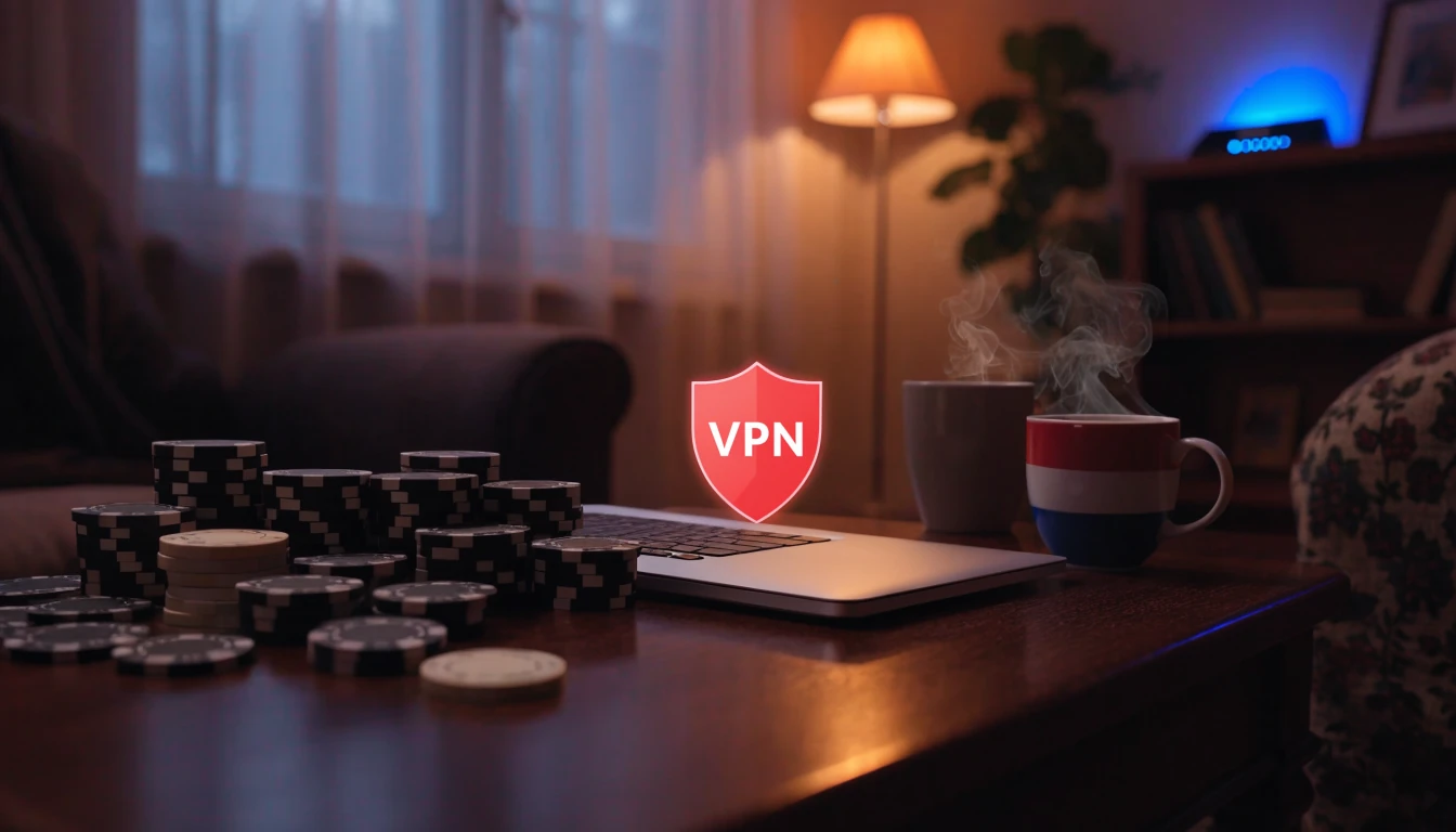 Hollandse woonkamer met gesloten laptop, casino fiches en VPN-schild symbool