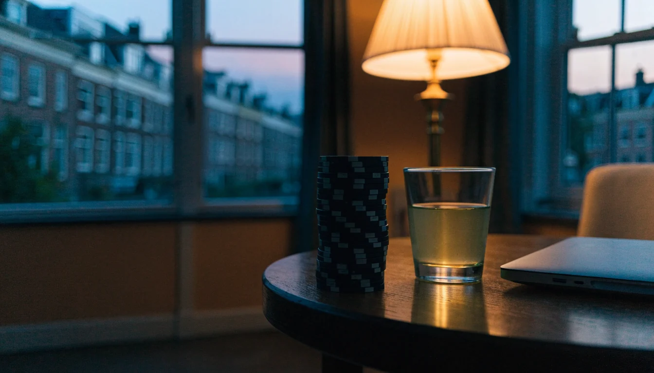 Stille avondtafel in een Nederlands huis met pokerfiches en gesloten laptop