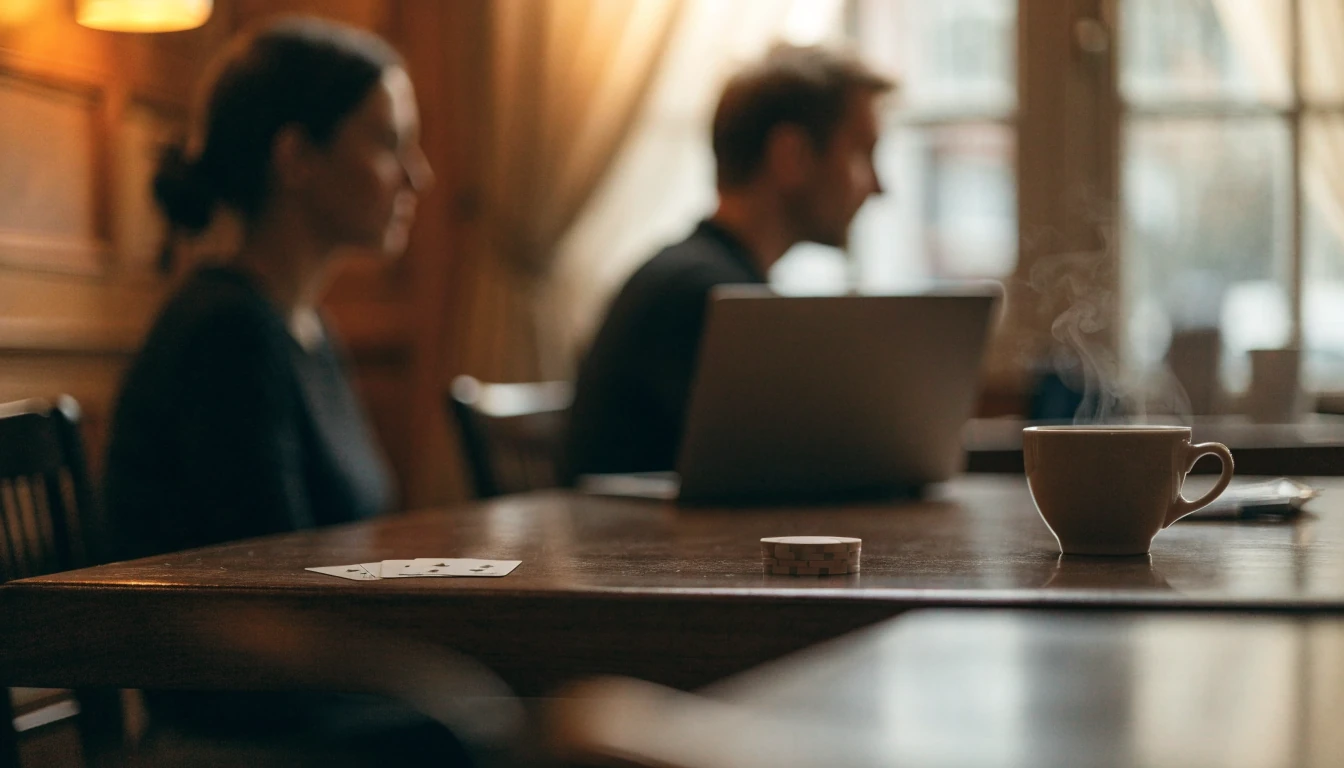 Houten tafel met speelkaarten en chips in een warm verlicht café