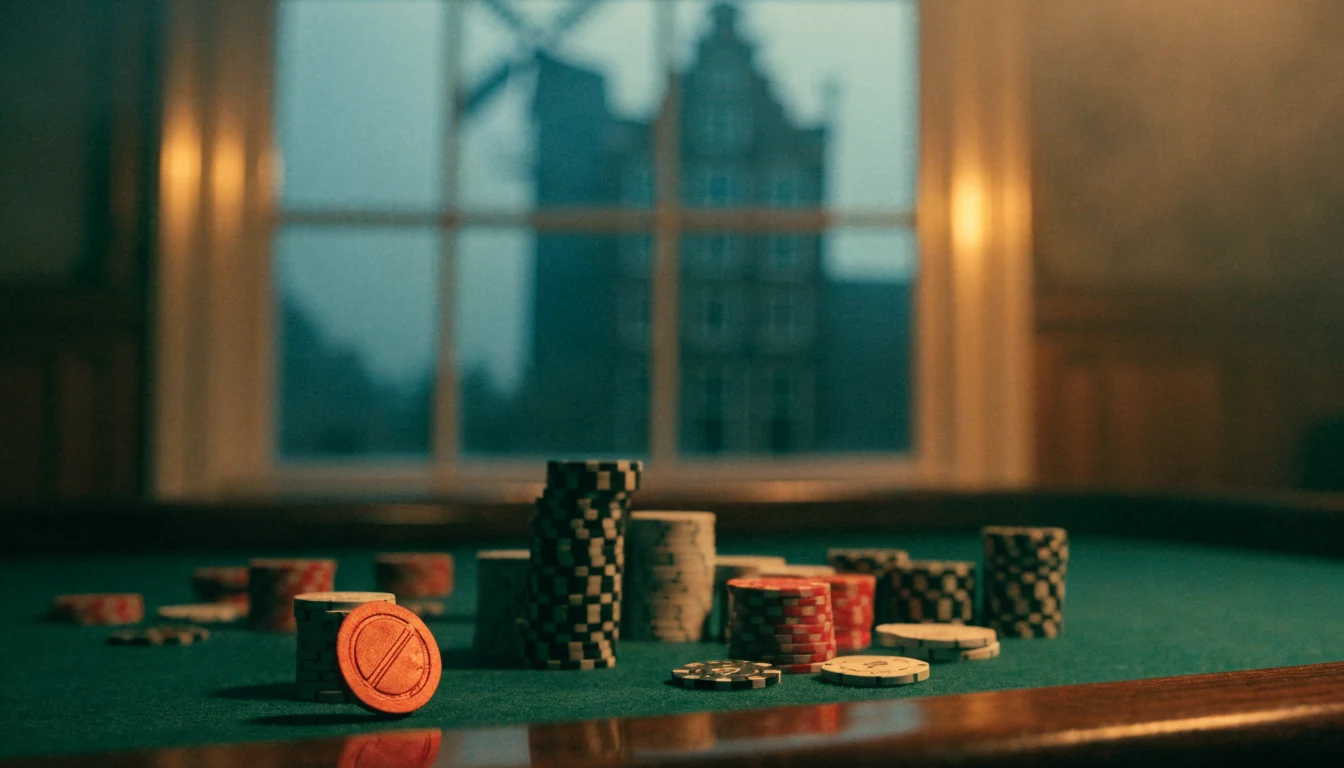Casino tafel met kleurrijke chips en een verbodstoken, sfeer van Nederland