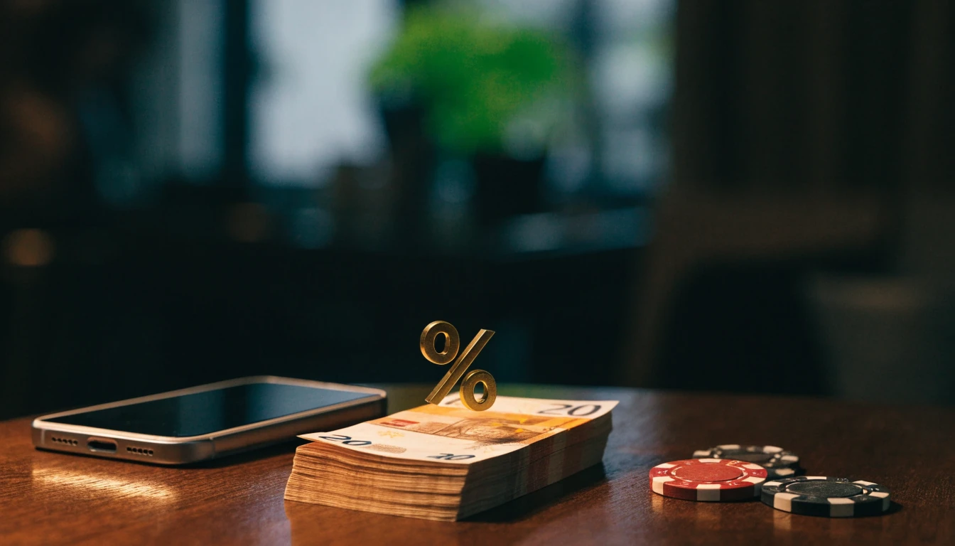 Stapel euro's met casinochips en een gouden percentageteken op tafel