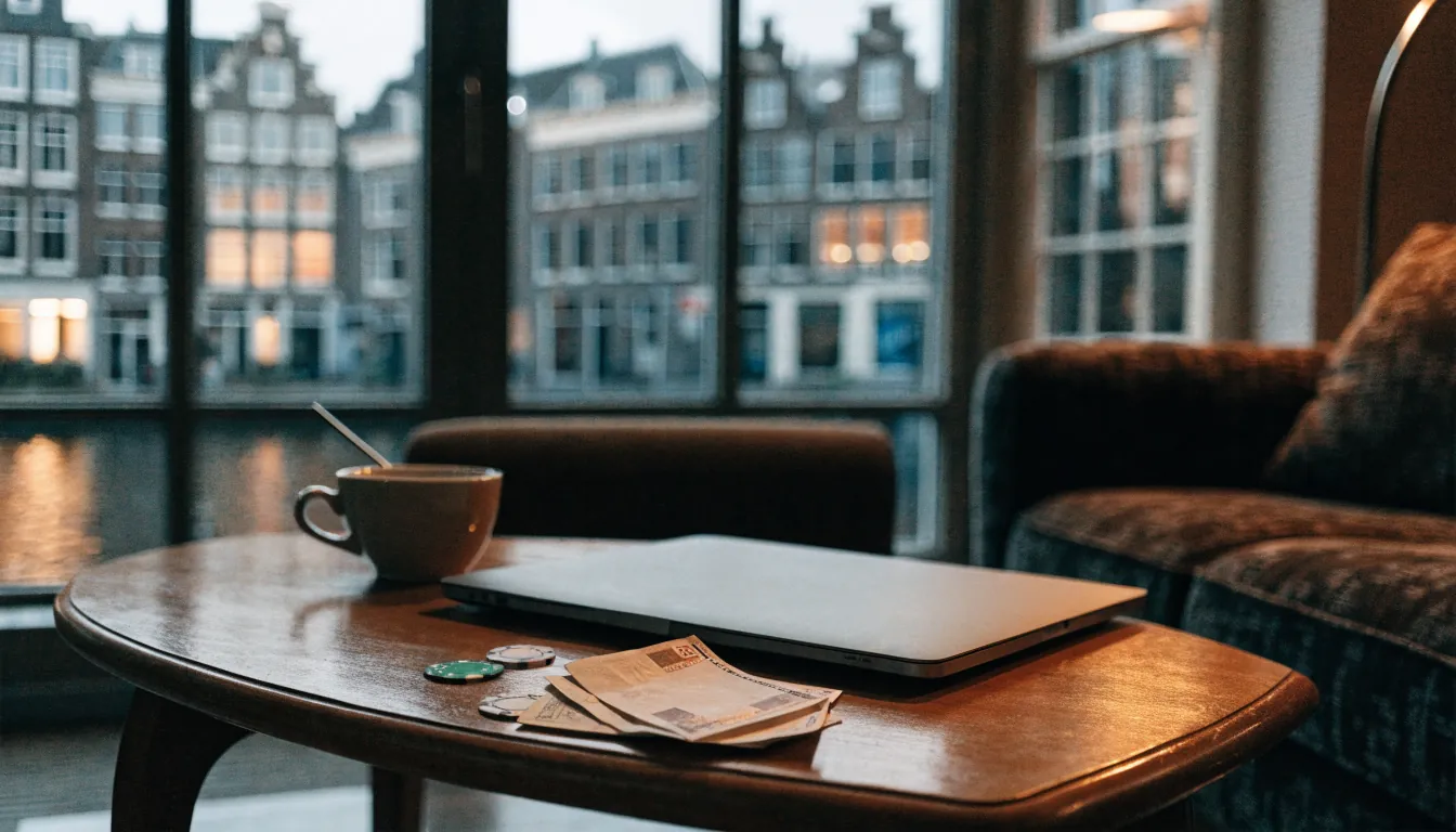 Stapel eurobiljetten en casinochips op een salontafel in een Nederlands interieur