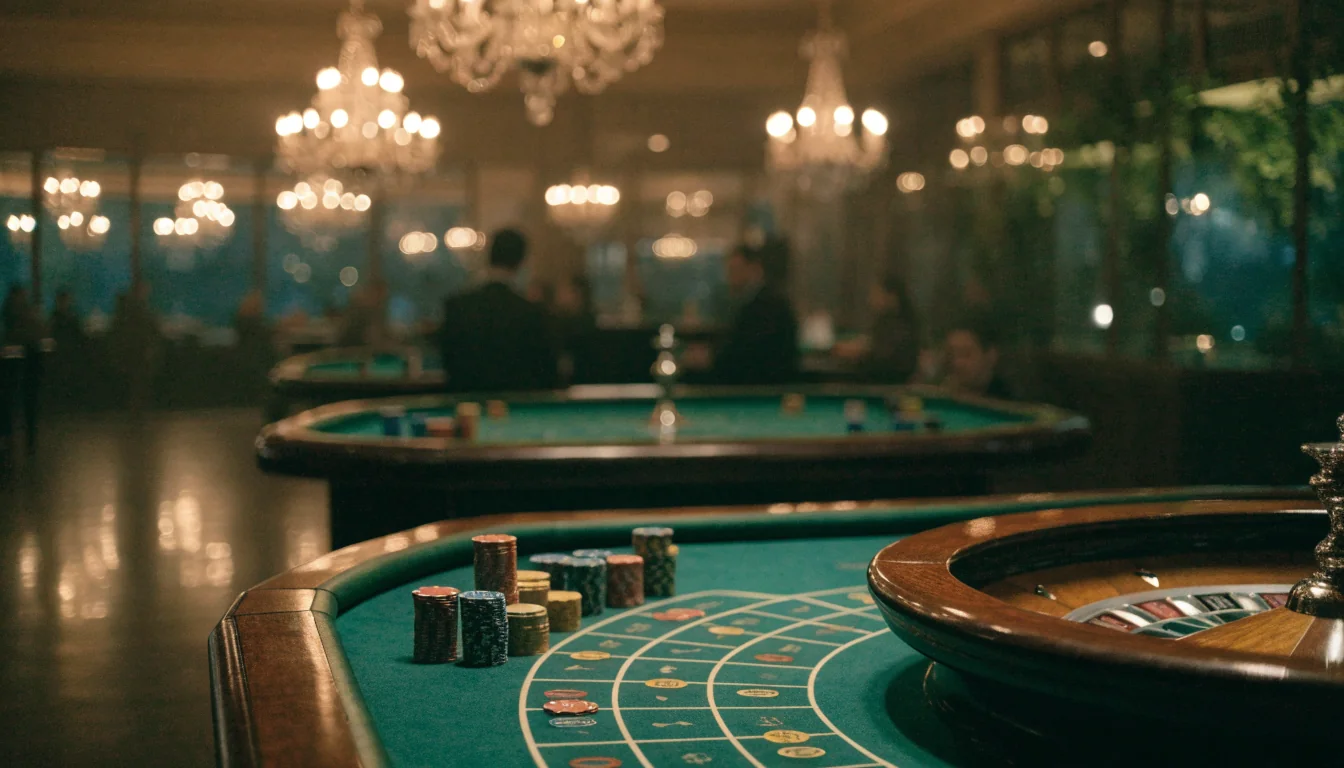 Elegant casino-interieur met roulette en fiches in warm goudgroen licht