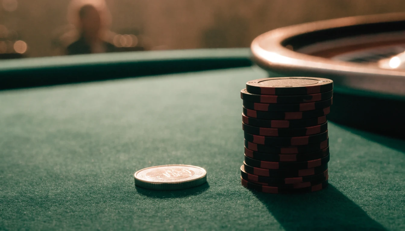 Eén euromunt naast stapel casinofiches op groene speeltafel
