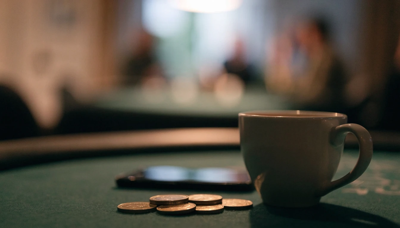 Vijf euromunten op een groene casinotafel naast een telefoon
