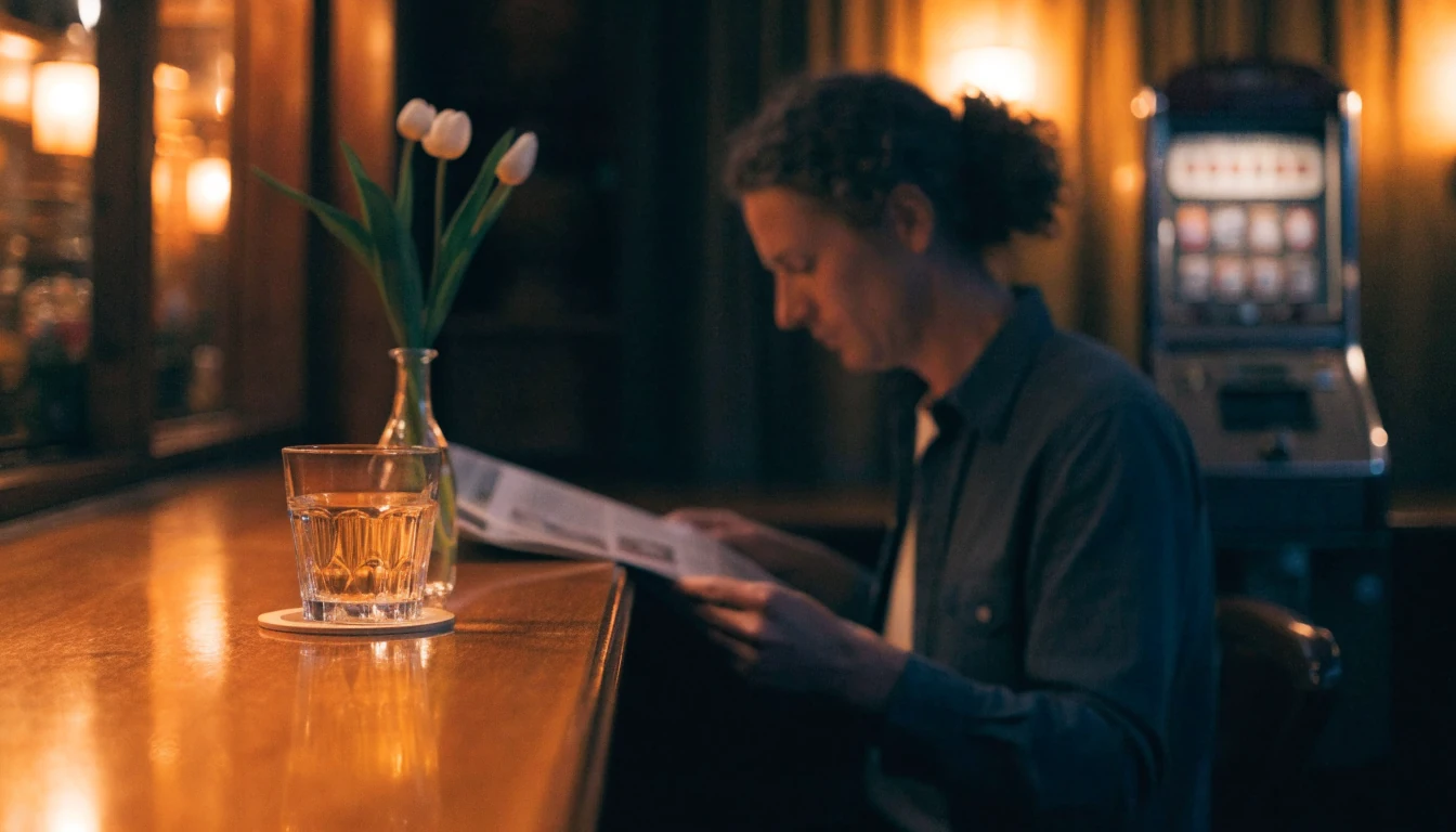 Sfeerfoto van een Nederlands café met gokkast op de achtergrond