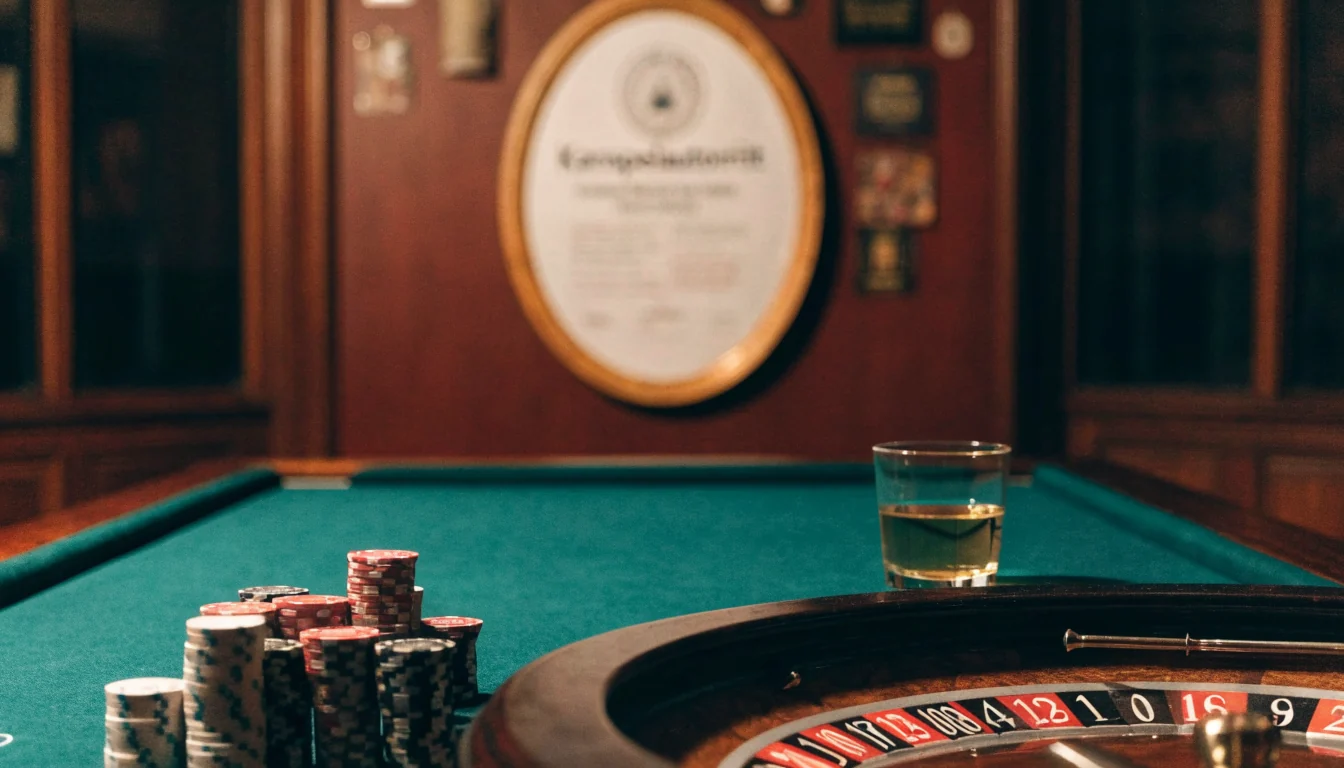 Casino tafel met fiches, roulette en KSA-vergunning aan de muur