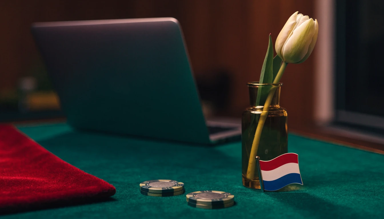 Casinofiches en een gesloten laptop op een groene tafel