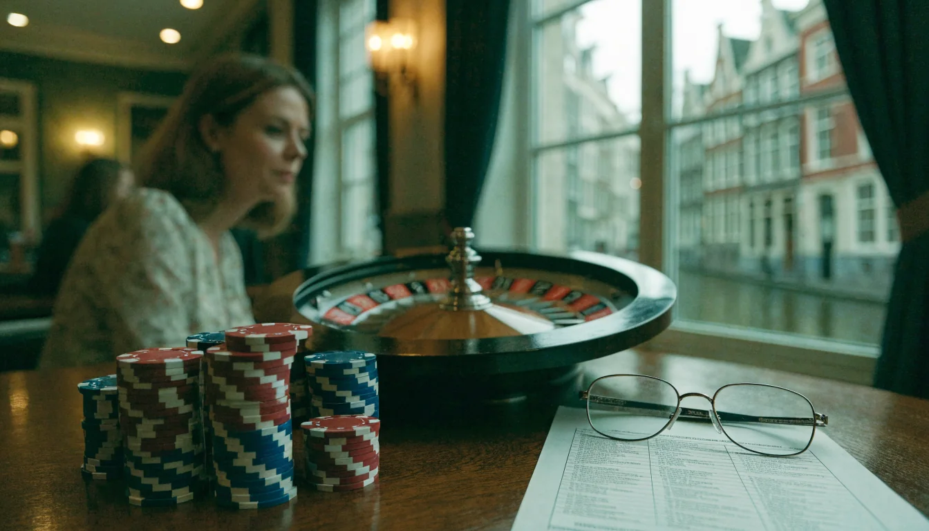 Nederlands café met casinofiches en roulettewiel op tafel