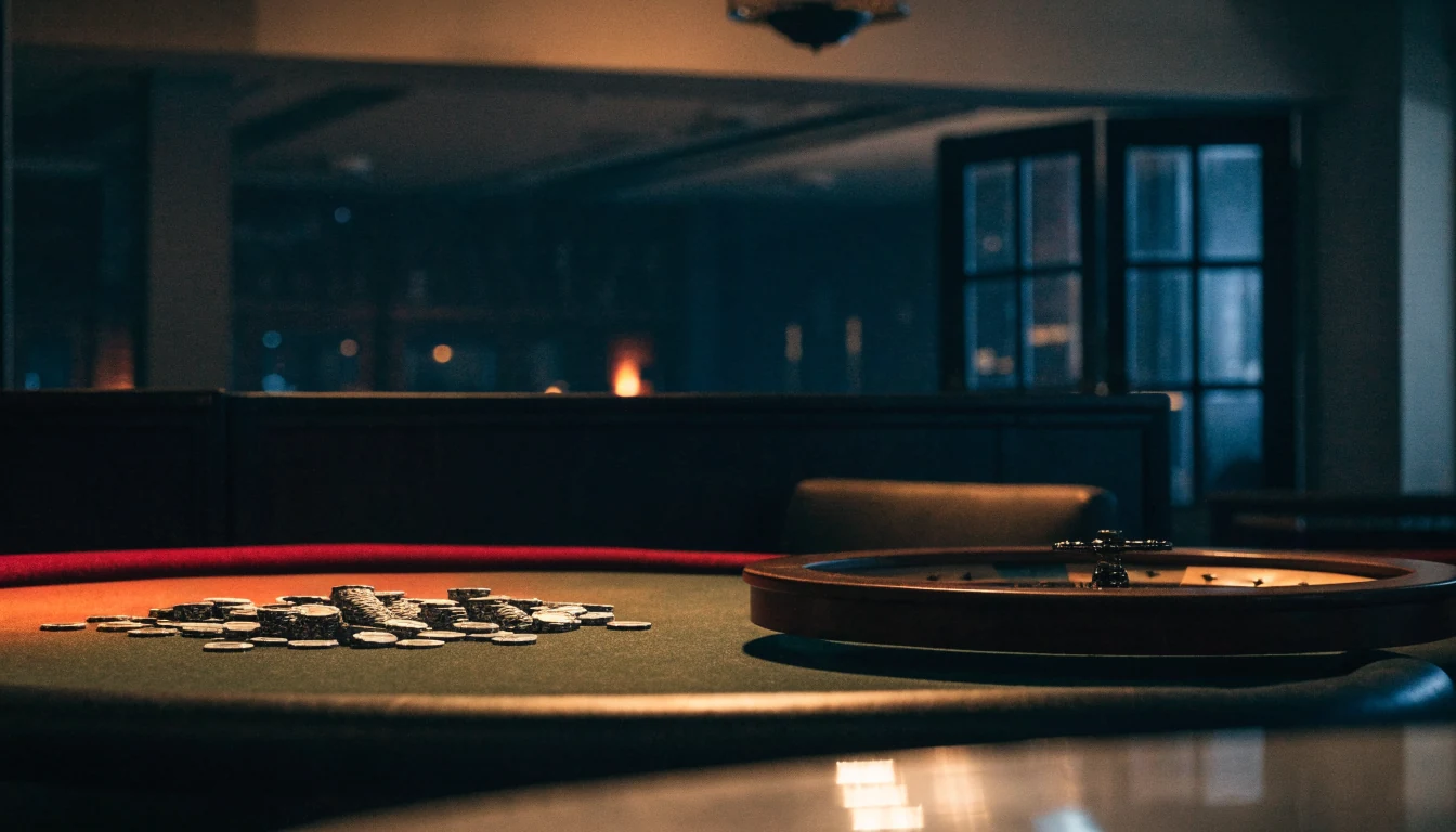 Lege casinotafel met fiches en roulette in gedimd licht