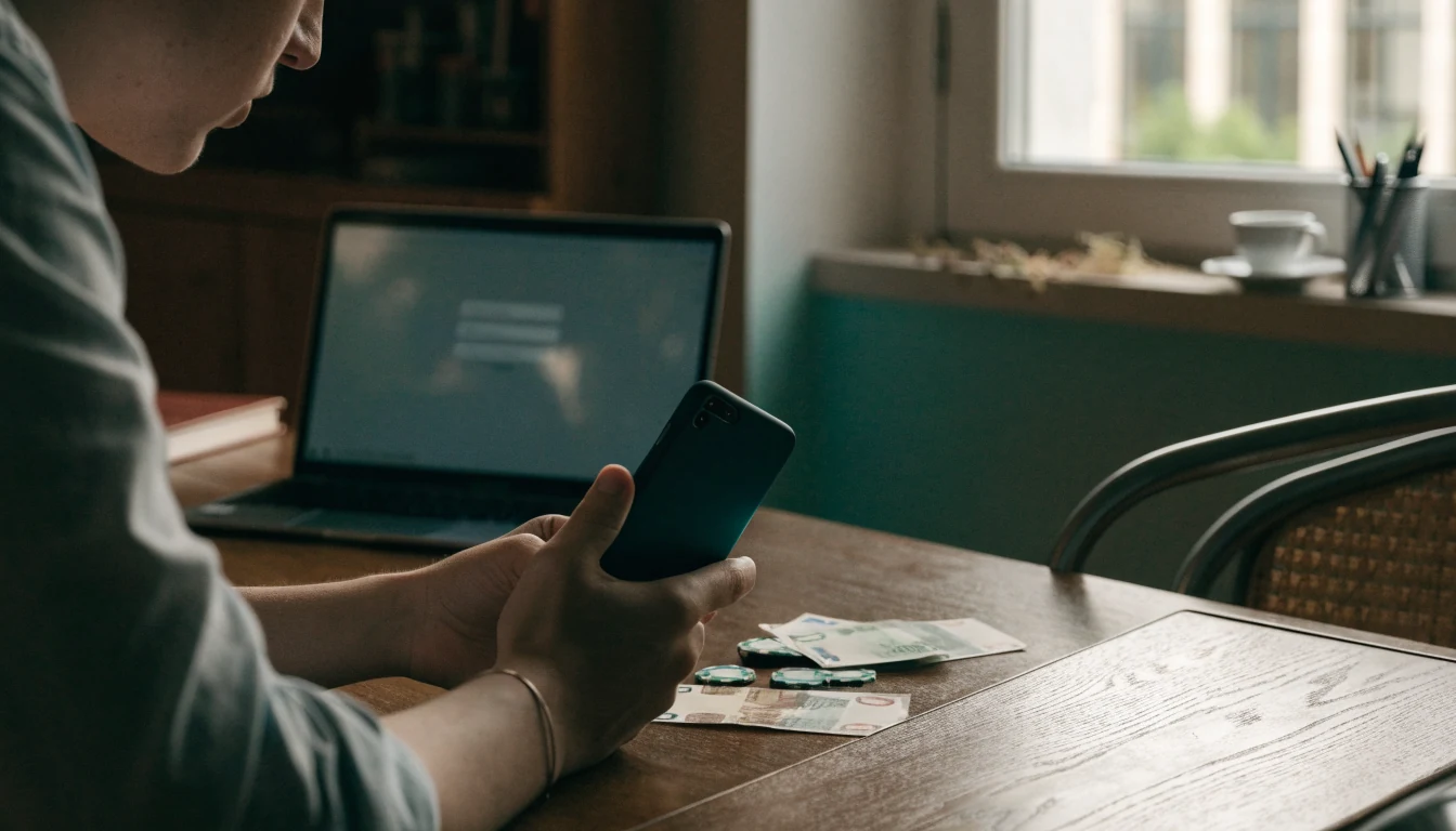 Persoon met smartphone en eurobiljetten op tafel in een modern interieur