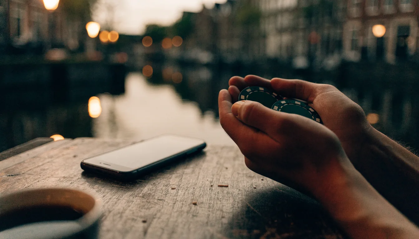 Handen met casinofiches naast een smartphone met donker scherm aan een Amsterdamse gracht
