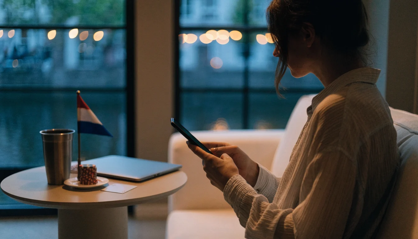 Persoon in Nederlandse woonkamer speelt op telefoon zonder scherm te tonen