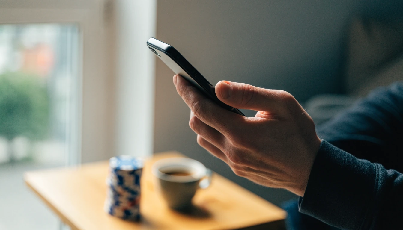 Hand houdt smartphone met casinofiches op tafel