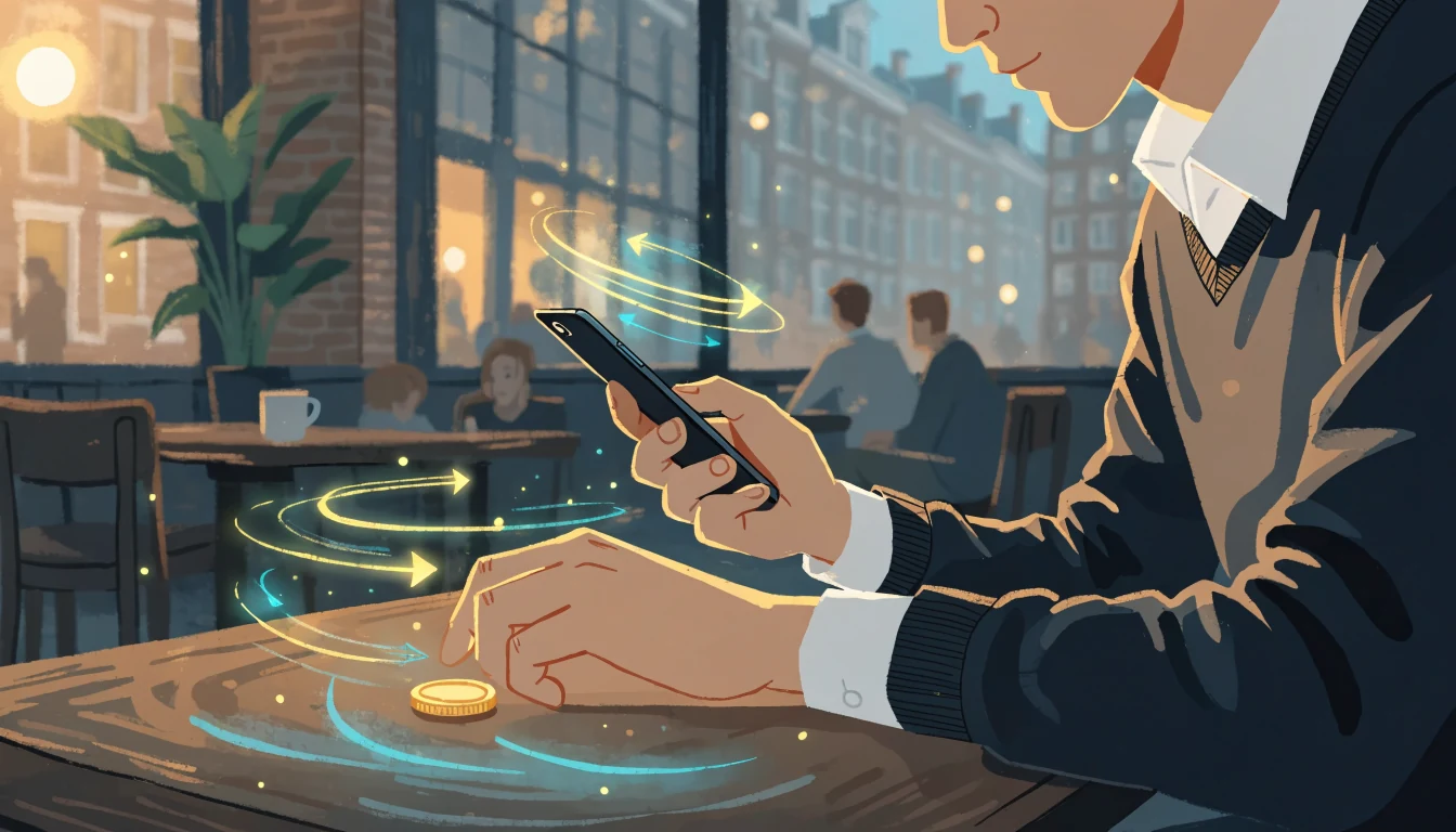 Speler in Amsterdams café met telefoon en zwevende spin-lichtmotieven