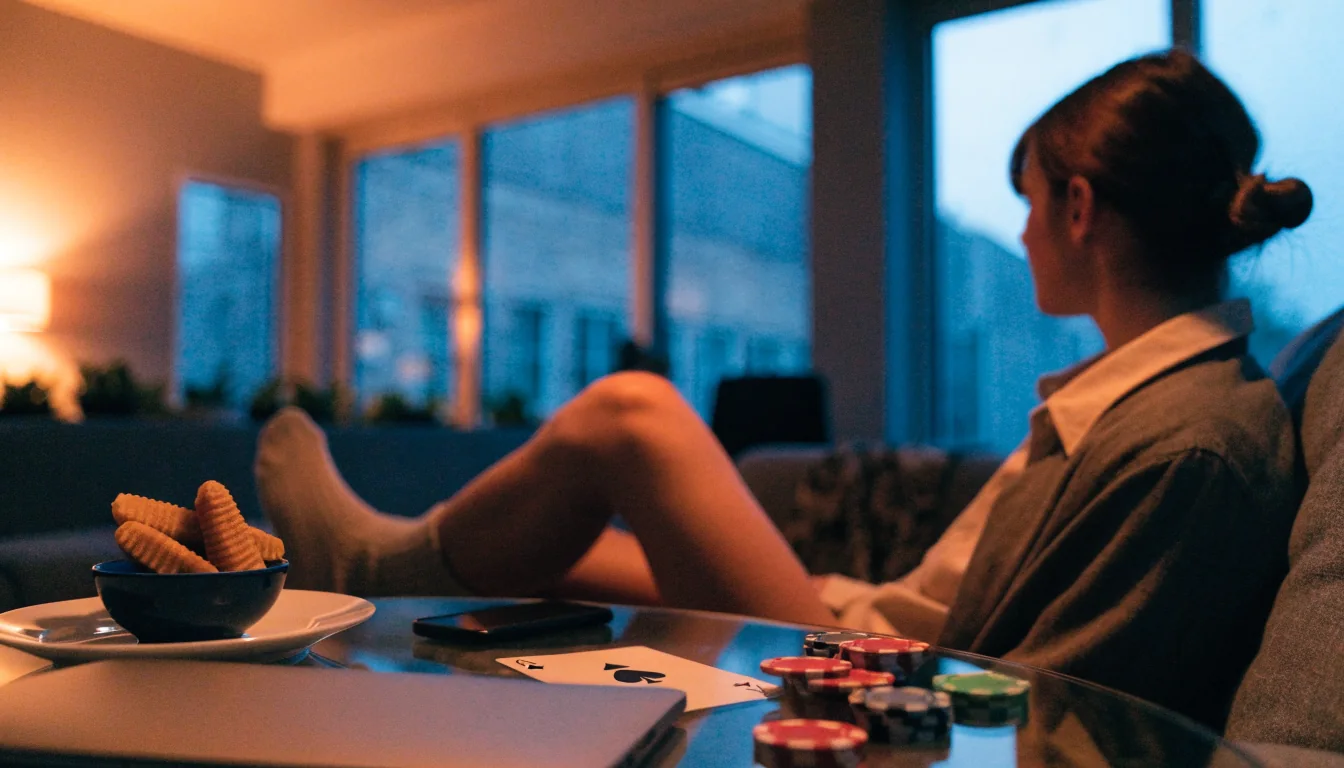 Man met gesloten laptop en casinofiches op tafel