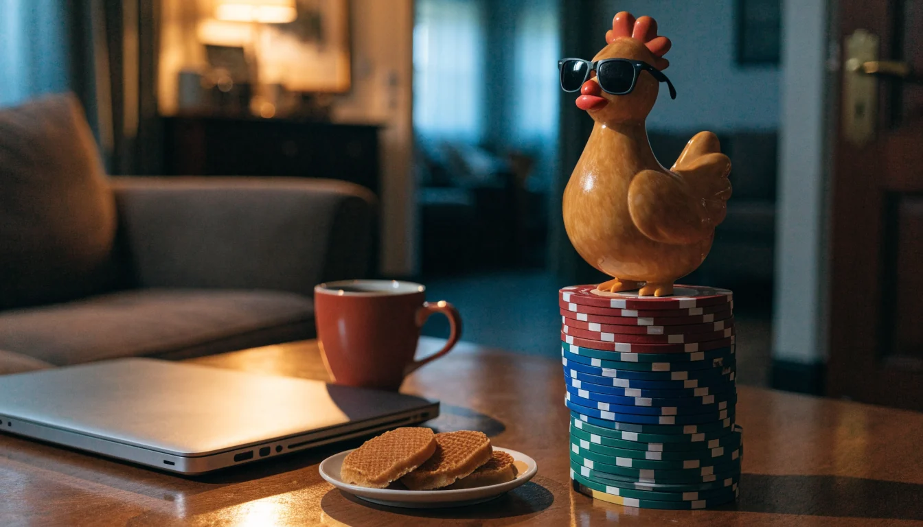 Rubberkip op casinofiches in een gezellige Nederlandse huiskamer
