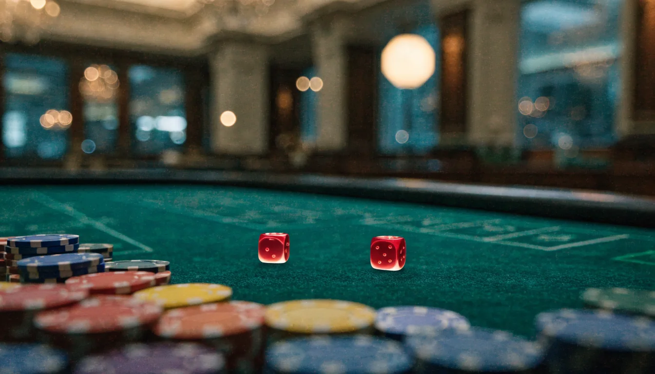 Twee dobbelstenen rollen over een groen craps-tafeltje met stapels casinofiches.