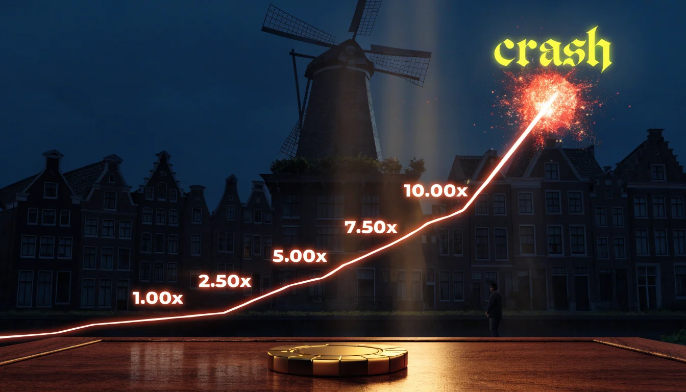 Oplopende vermenigvuldiger met crashpunt boven Nederlandse casino-achtergrond
