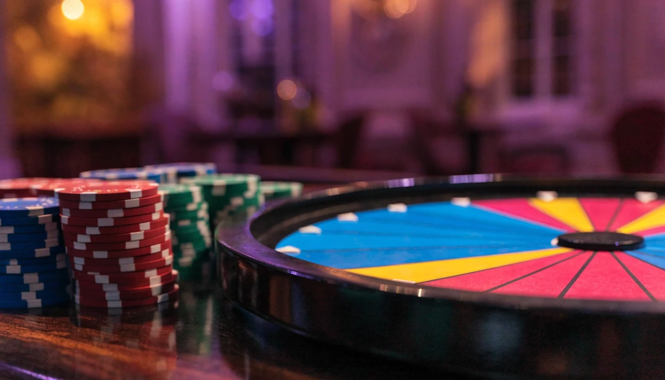 Kleurrijk casino rad met fiches op een tafel in sfeervolle verlichting