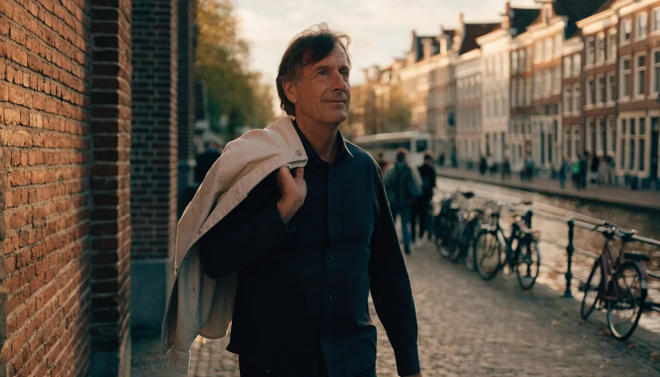 Man stapt een zonnige Amsterdamse straat in, met grachtenpanden op de achtergrond