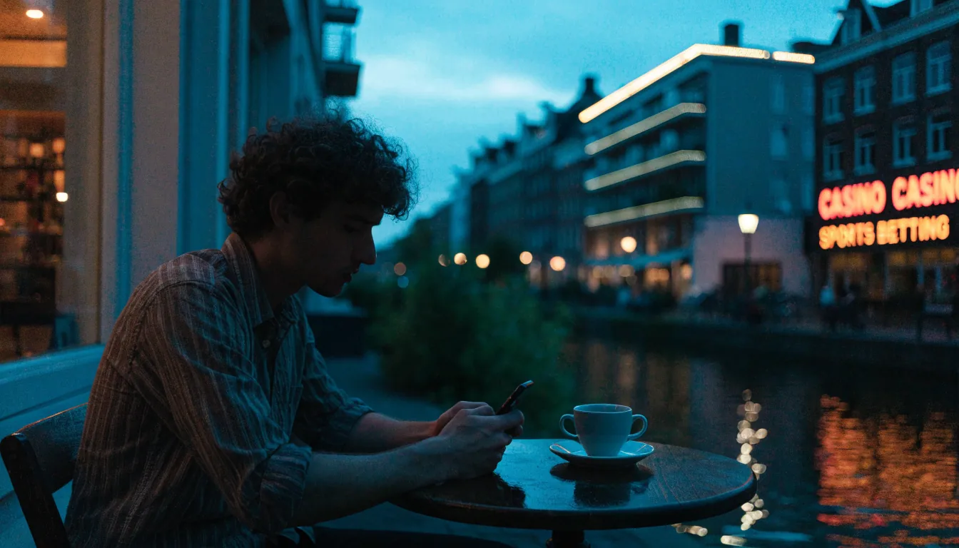 Man bij café in Amsterdam met telefoon weggekeerd, casino op de achtergrond