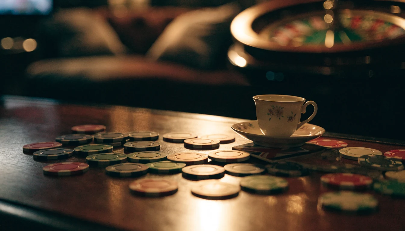 Sfeer van een Engelse goksite: roulette, fiches en een Brits theekopje op tafel