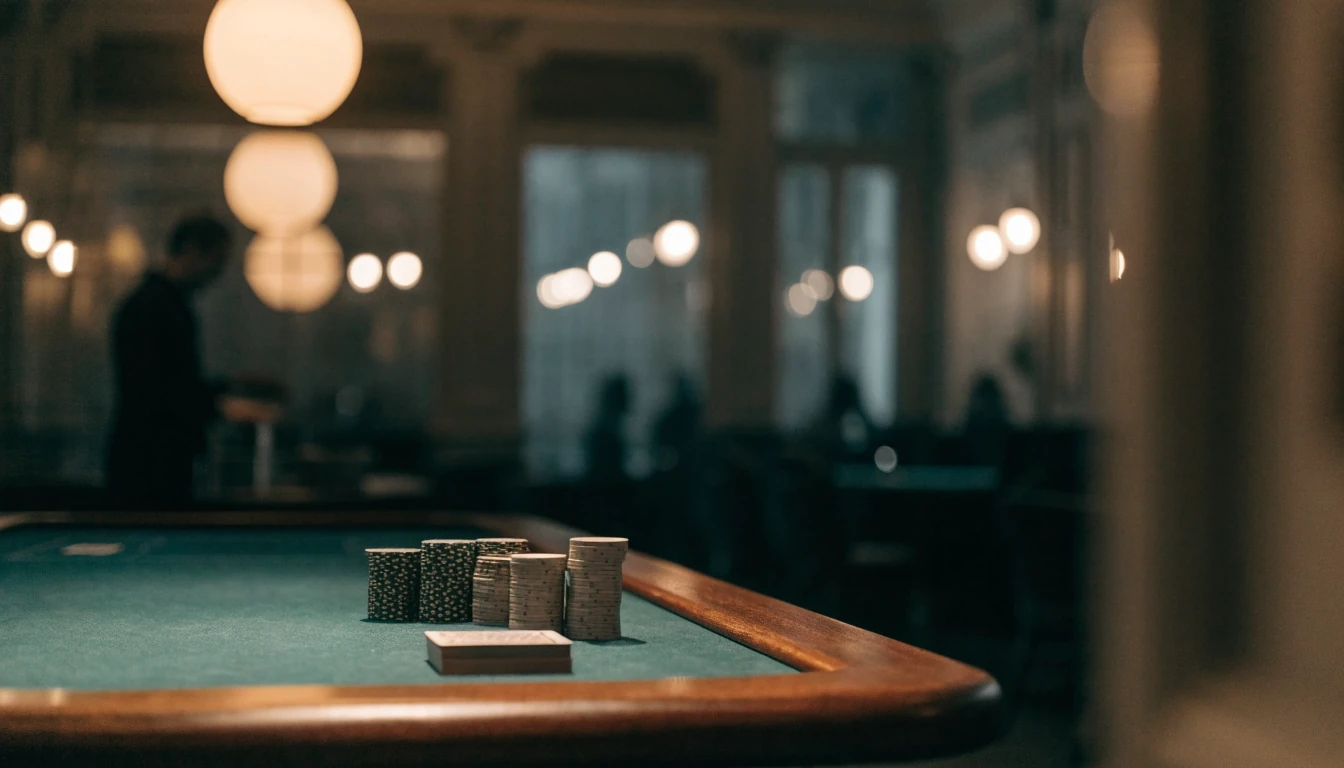 Elegant live casino tafel met chips en kaarten in sfeervolle studio