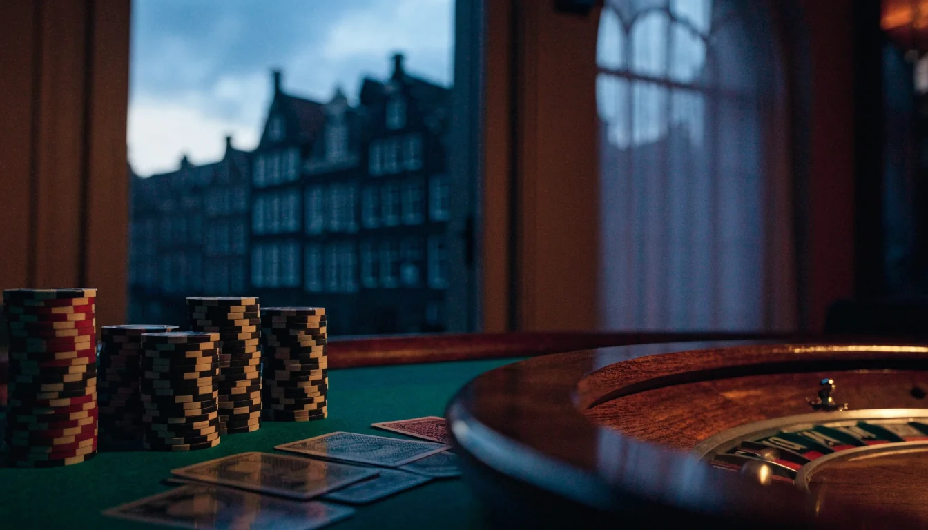 Stapel casinofiches en kaarten op tafel met Amsterdamse grachtenpanden op de achtergrond