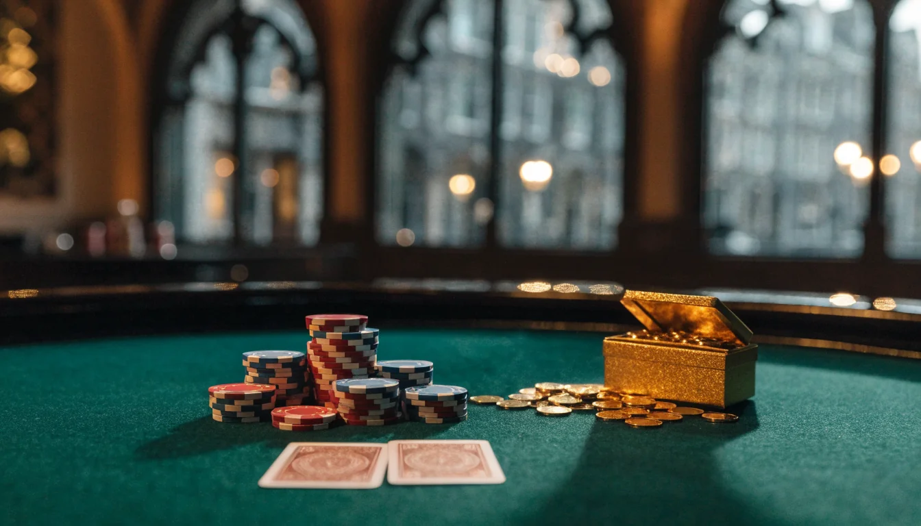 Casinotafel met fiches, kaarten en een gouden geschenkdoos vol bonusmunten in Amsterdamse setting