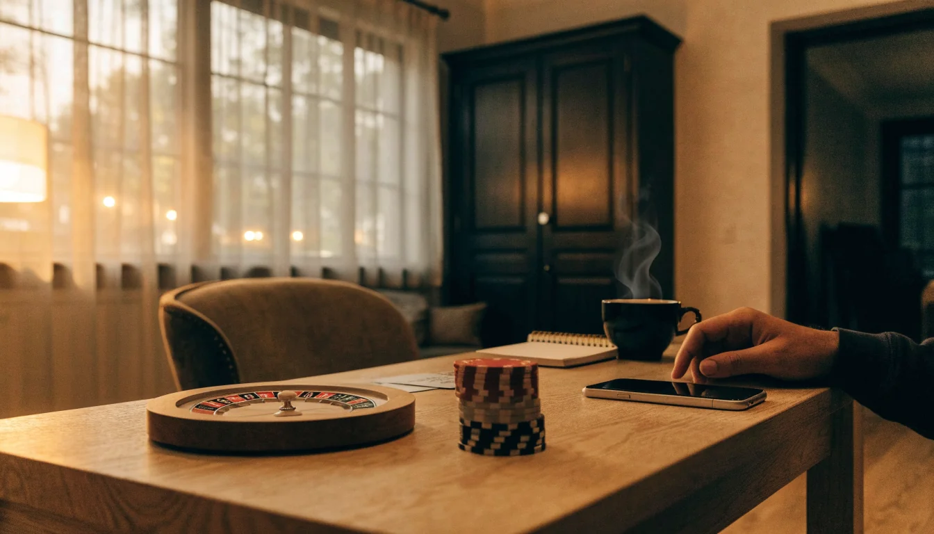 Gezellige Nederlandse huiskamer met roulette, fiches en kaarten op tafel, telefoon weggelegd