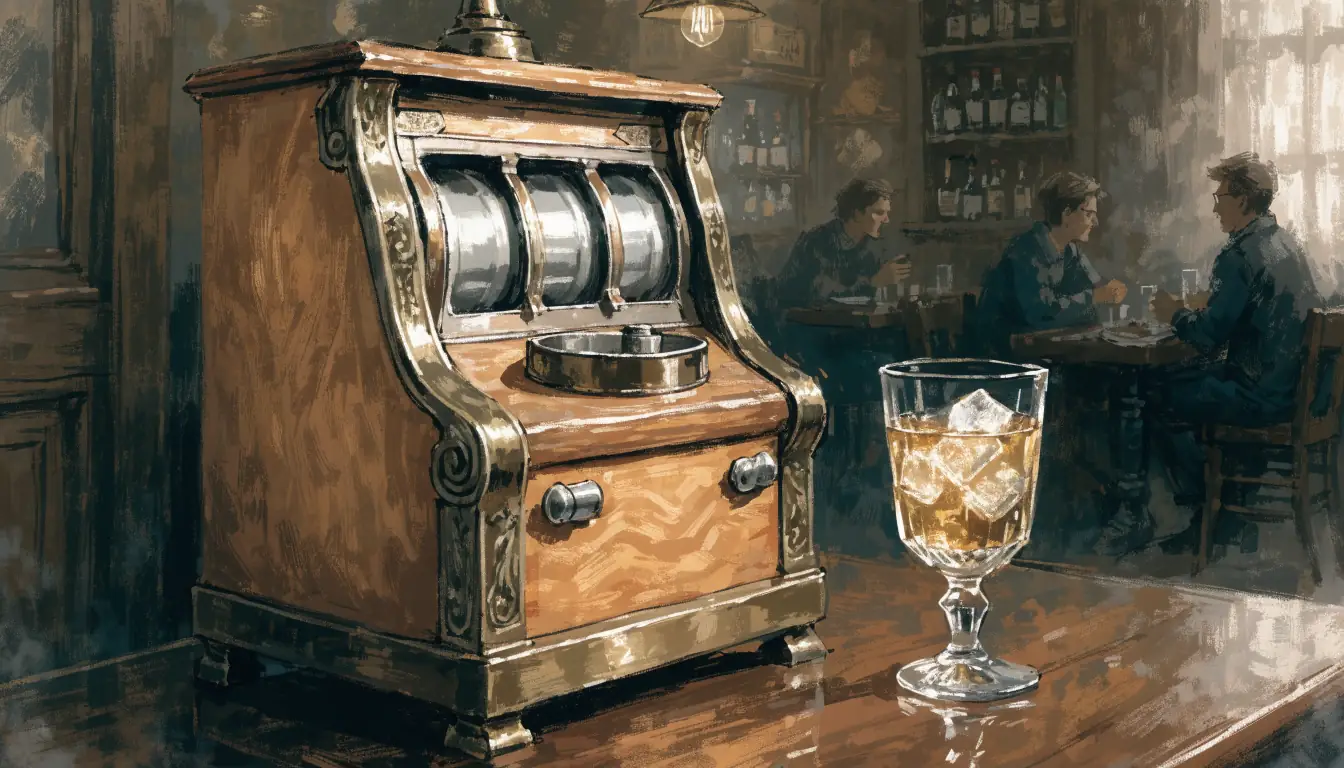 Klassieke fruitautomaat in een warm bruin café