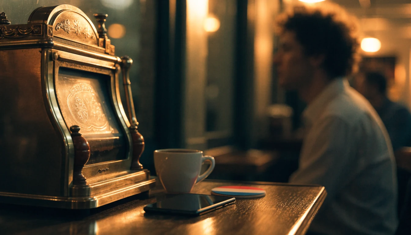 Klassieke gokkast naast een moderne smartphone op een houten tafel