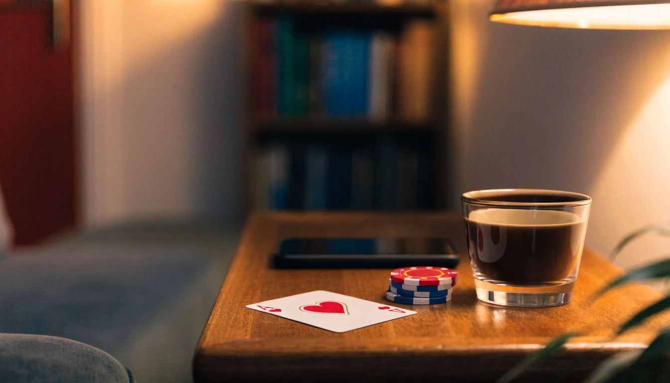 Casino chips en speelkaart op een huiskamertafel in Nederlandse sfeer