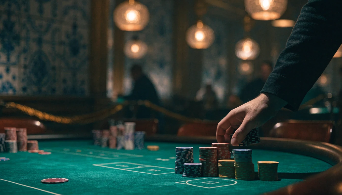 Pokerchips op groene tafel in sfeervol Hollands casino