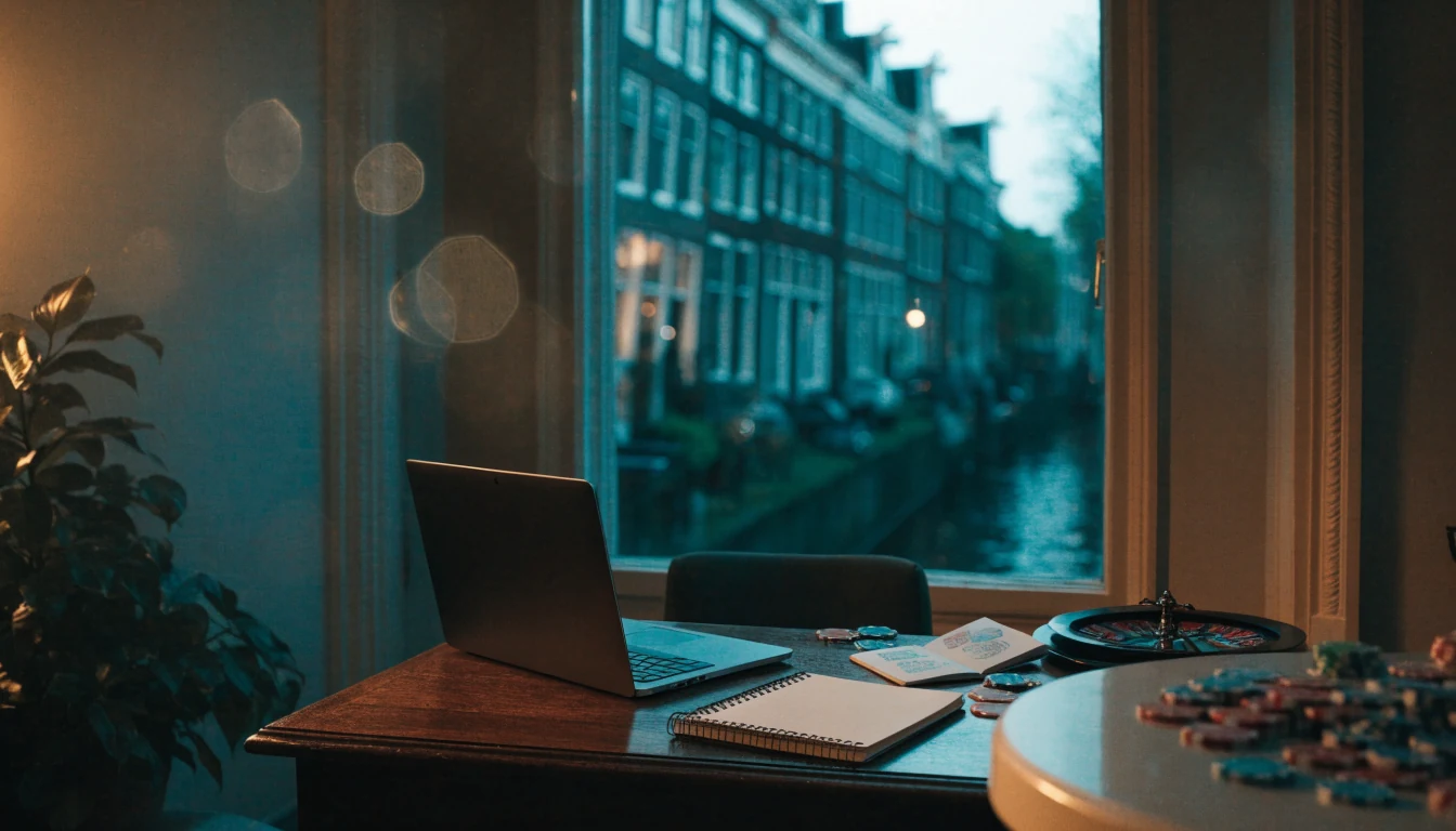 Een bureau met gesloten laptop, fiches en roulette naast een paspoort, met zicht op een Amsterdamse gracht.