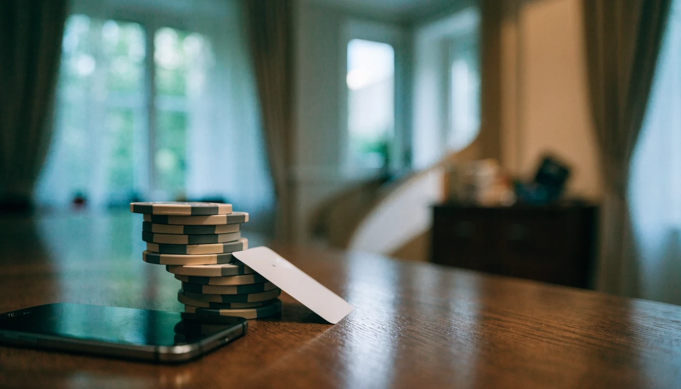iPhone met casinofiches op een houten tafel