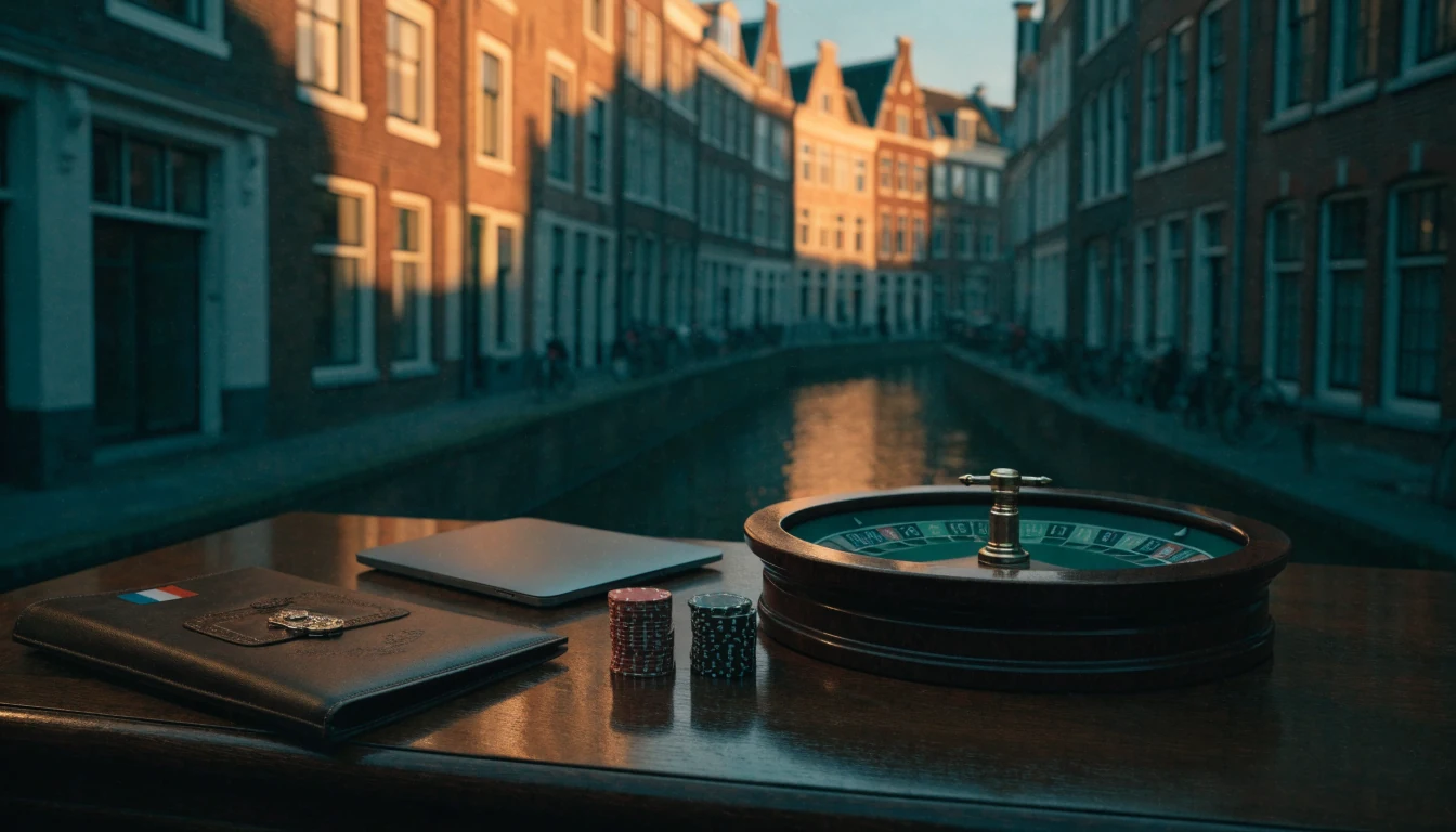 Hollandse casinochips en roulette op tafel aan Amsterdamse gracht